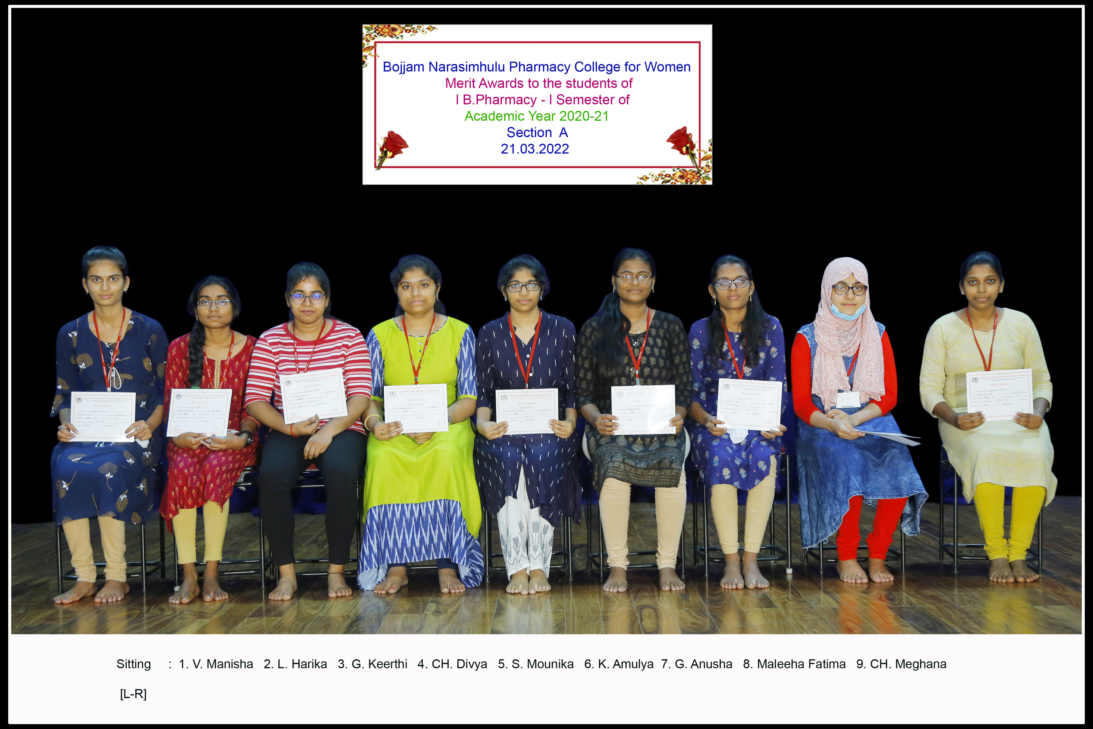 Merit awards to the students of I year I Semester for the Academic year 2020-21